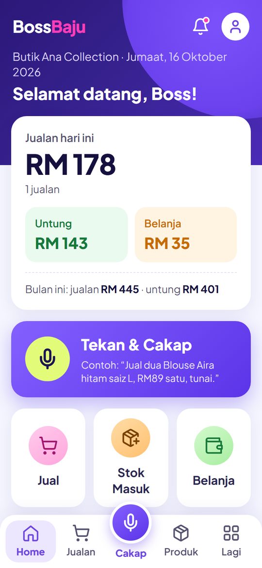 Skrin Home BossBaju: jualan hari ini RM178, untung RM143, belanja RM35