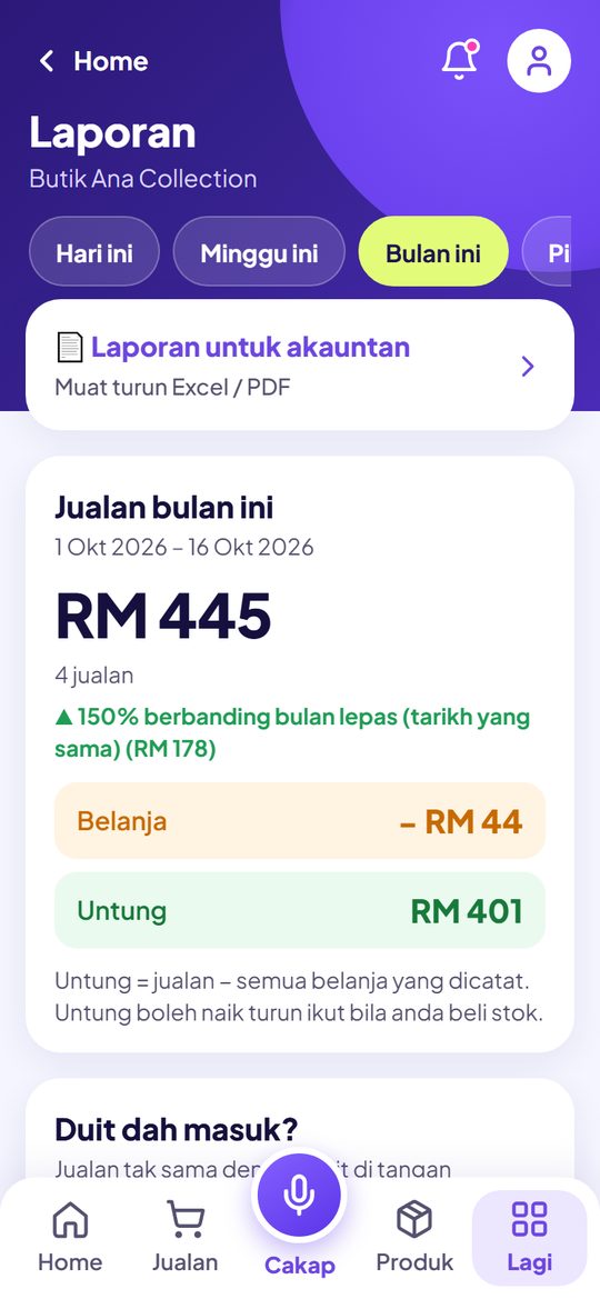 Laporan jualan bulan ini dan banding bulan lepas