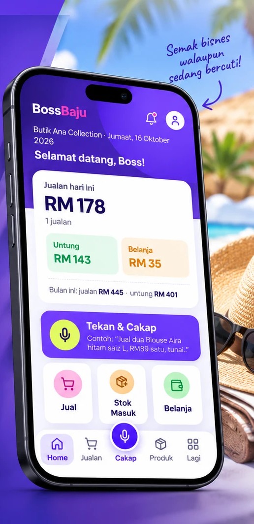 Skrin Home BossBaju di telefon — semak bisnes walaupun sedang bercuti